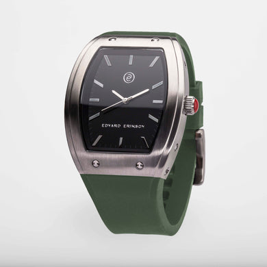 Exclusive and minimalistic silver watch Edvard Erikson watch E2 Silver Stone Olive Green Edvard Erikson Watches is a Swedish watch brand made of Stainless steal 316L. Our E2 Watch is an elegant and luxury square shape watch for all occasions. Discover the complete collections of Edvard Erikson watches online.